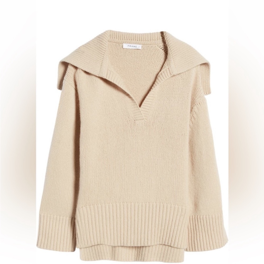 FRAME Oversized Collar 100% Merino Wool Tan Chunky Knit Sweater Small